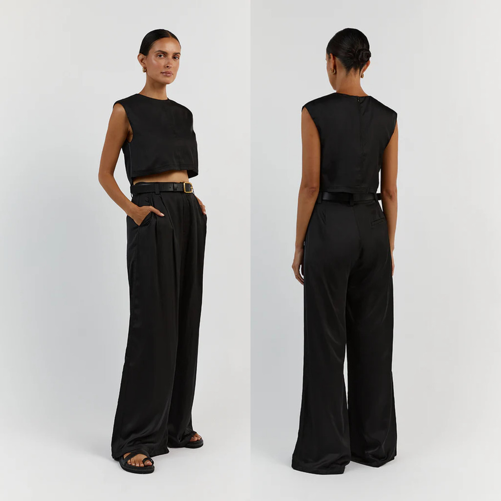 DISSH Rue Black Satin High Waist Wide Trouser Pant 4